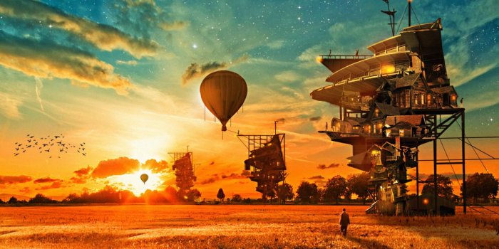1244x700 Houses Aerostat Fantasy balloon steampunk wallpaper | 1920x1080