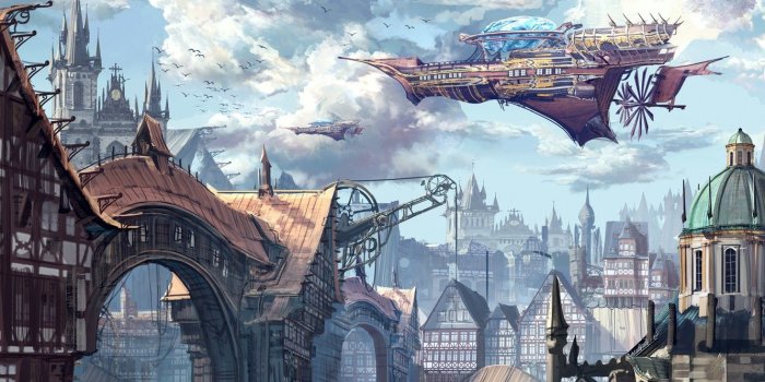 1332x850 Buildings Blimp Steampunk HD wallpaper