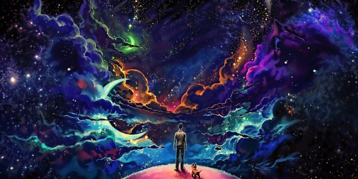 2560x1080 Download 2560x1080 wallpaper man and dog, outdoor, clouds, fantasy