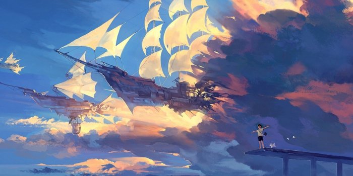 2560x1080 2560x1080 2560x1080 Wallpaper hanyijie, sky, scenery, ship, anime