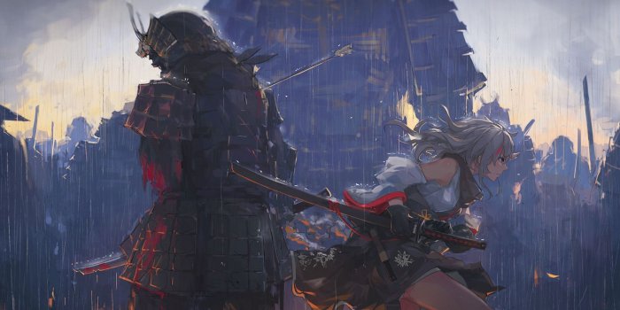 2560x1080 Download 2560x1080 Anime Girl, Samurai, Battle, Sword, Raining