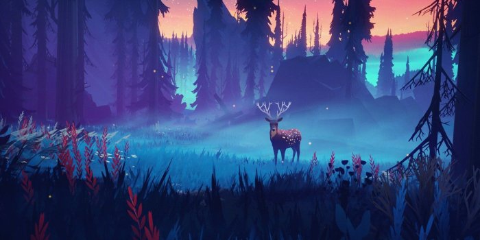 1332x850 Wallpaper grass, horns, sky, trees, nature, night, art, stars