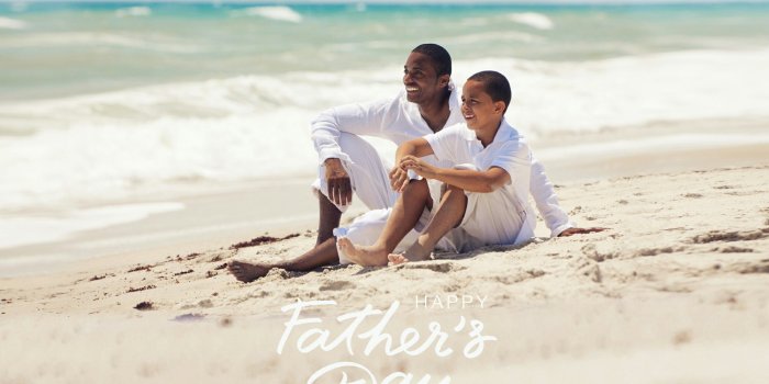 2560x2560 Father and Son Sitting on the Beach Happy Father's Day QHD Wallpaper