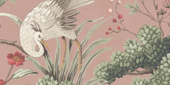 1000x1000 Crane Bird Vintage Pink Botanical Velvet