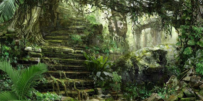 1920x1080 trees, forest, leaves, rocks, stairways, sculpture, digital art