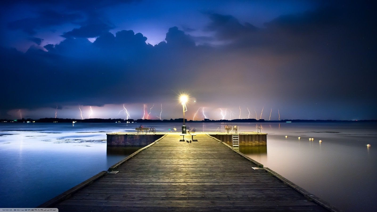 1600x900 landscape, Pier, Lightning, Clouds, Ontario, Canada Wallpapers HD