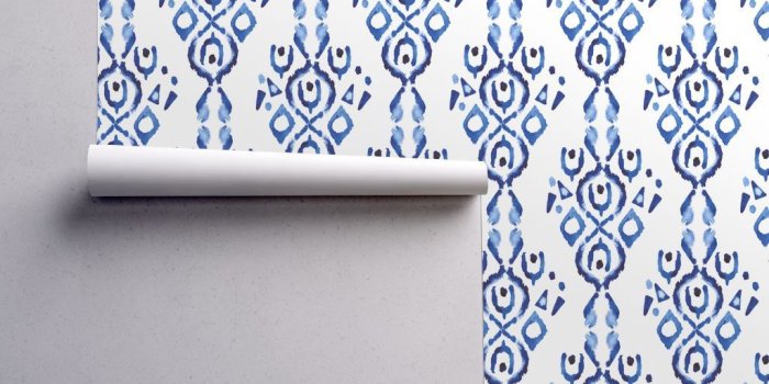 1024x1024 Watercolor Ikat Wallpaper - Blue Boho Abstract By Misschiffdesigns - Custom  Printed Removable Self Adhesive Wallpaper Roll by Spoonflower