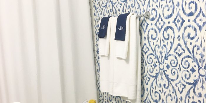 3024x3024 blue and white bathroom with Ikat print wallpaper by Thibaut