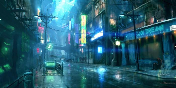 1218x700 Cyberpunk Futuristic City Raining Street Lights People Sci-fi