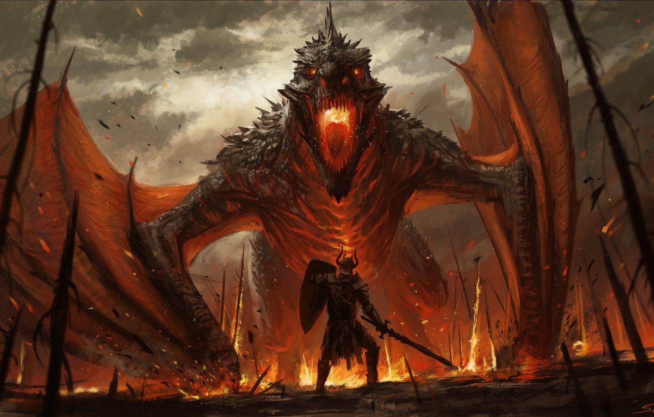 1332x850 Wallpaper Dragon, Fire, Monster, Warrior, Monster, Fantasy, Art
