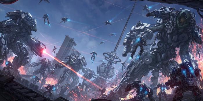 1332x850 Wallpaper fiction, war, tower, robots, art, destruction, laser, Sci