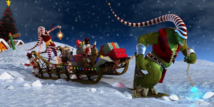 1332x850 Wallpaper anime, gifts, tree, sleigh, Santa, Klaus images for
