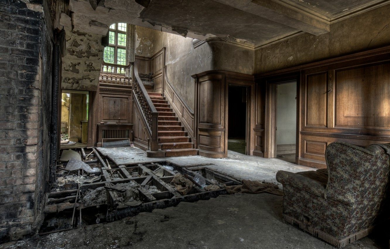 1332x850 Wallpaper wood, window, armchair, door, stairs, destroyed floors