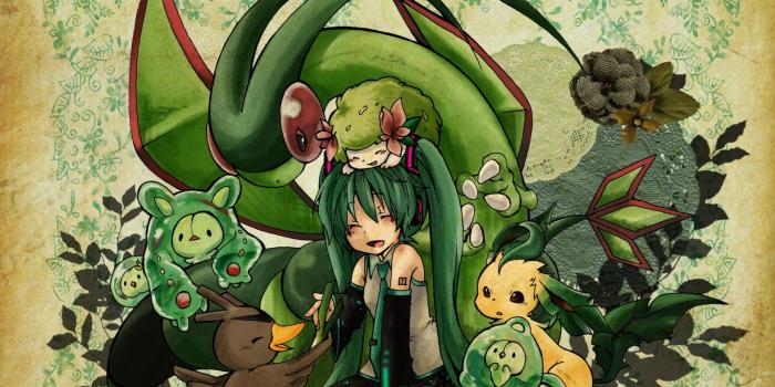1570x1200 pokemon, Vocaloid, Hatsune Miku, Flygon, Leafeon, Shaymin :: Wallpapers