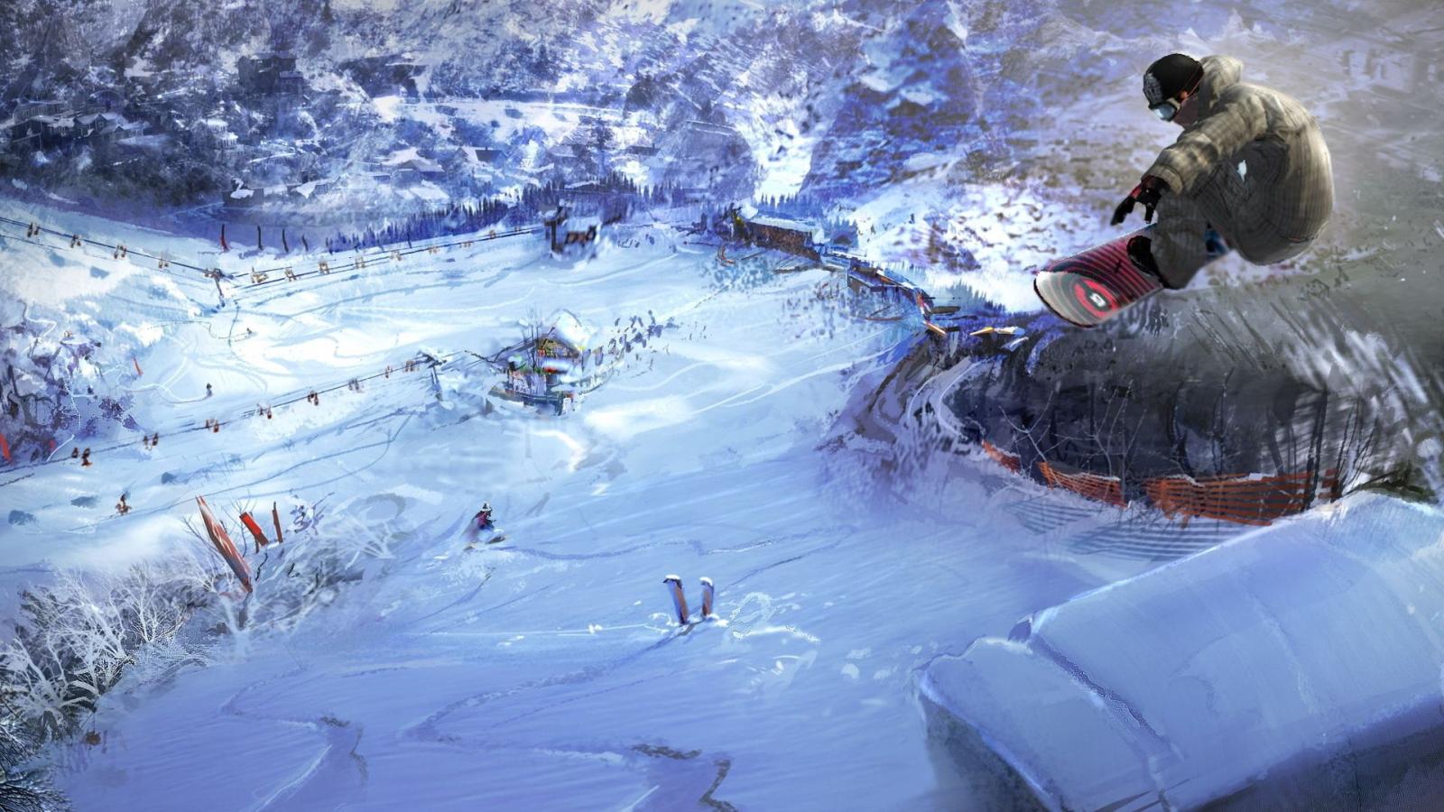 1920x1080 Wallpaper snowboard descent, extreme, jump, snowboard, village