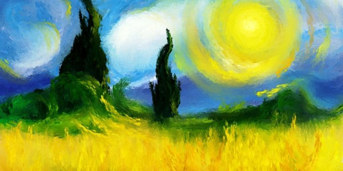 1680x1050 paintings, clouds, nature, Sun, trees, fields, impressionist