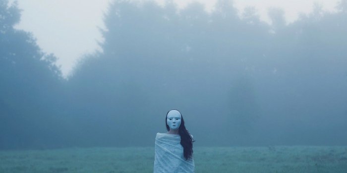 1332x850 Wallpaper field, forest, fog, figure, mask, horror images for