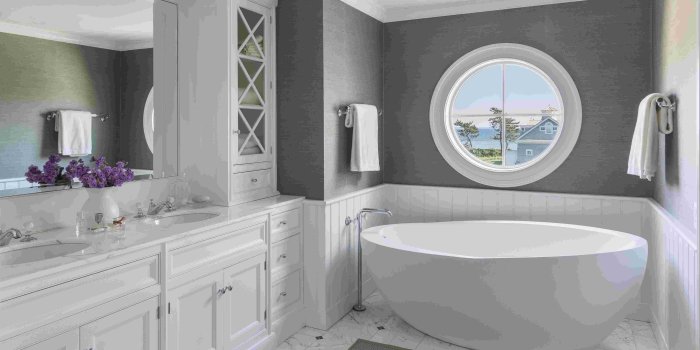 5114x3981 Master Bathroom Free Standing Tub Gray Grasscloth Wallpaper