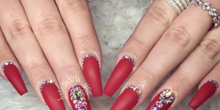 1242x1239 Nail Design : Red Bling Coffin Nails In Acrylic Designs With Stones