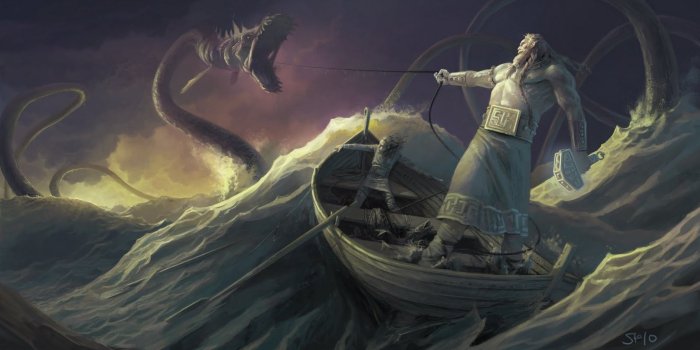 1600x860 Thor, fantasy art, boats, creatures, mythology, gods, sea :: Wallpapers