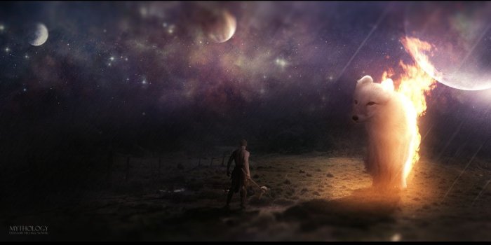 1244x700 Stars Planets Fire Creature planet fox dark mythology wallpaper