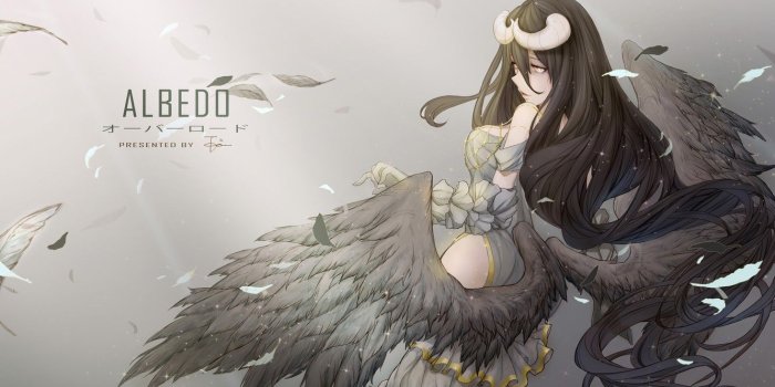 1332x850 Wallpaper girl, wings, anime, feathers, art, horns, albedo, overlord
