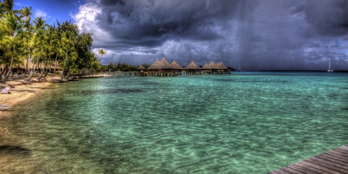 1332x850 Wallpaper sea, beach, landscape, palm trees, Bora Bora, architecture