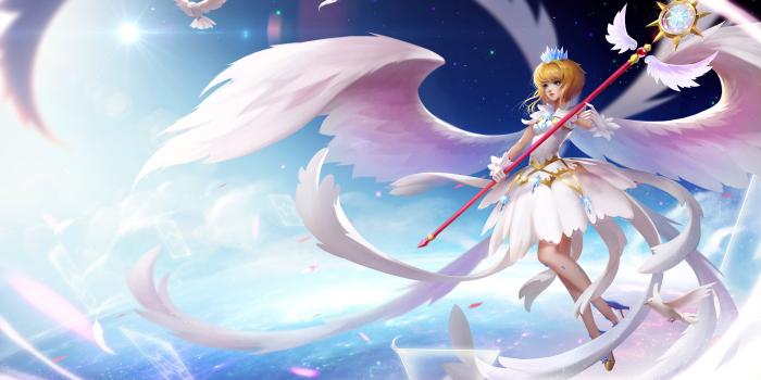 3500x1996 Anime angle character with pink staff HD wallpaper | Wallpaper Flare