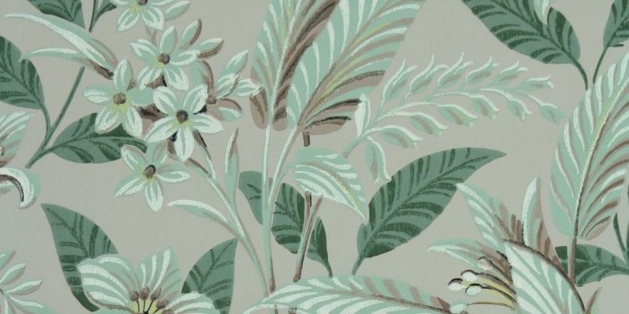 1066x1600 1950's Vintage Wallpaper Large Tropical Leaf green and brown floral