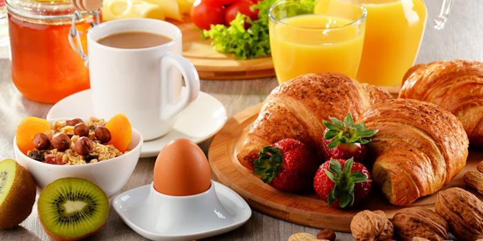 1280x854 Wallpaper egg Juice Coffee Breakfast Croissant Strawberry Cup Food