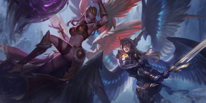 5000x2951 Battle Born Kayle & Exiled Morgana 4k Ultra HD Wallpaper