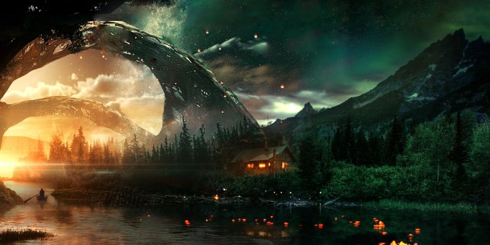 3840x2400 Download wallpaper 3840x2400 river, house, art, night, starry sky