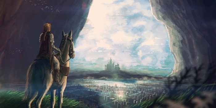 2560x1440 fantastic, World, Horses, Traveler, Adventure, Castle, City, Horse