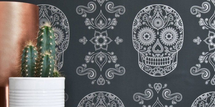 1208x1208 Day of the Dead Sugar Skull Wallpaper - Dark Grey & Silver