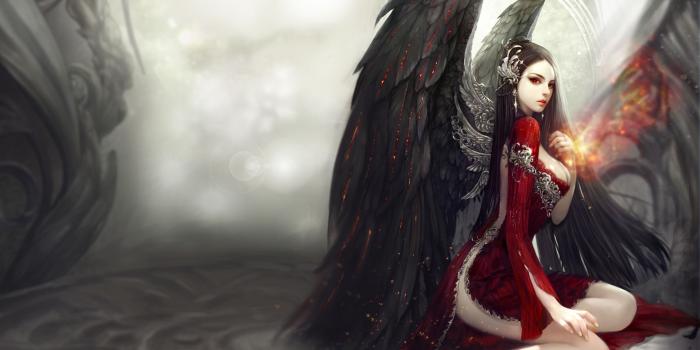 3200x2000 Wallpaper Aion Online, Fallen Angel, Dark Wings, Red Dress, Red Eyes