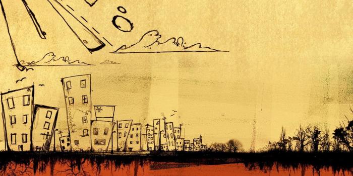 1440x900 cityscapes, comics, orange, retro, drawings, drawn :: Wallpapers