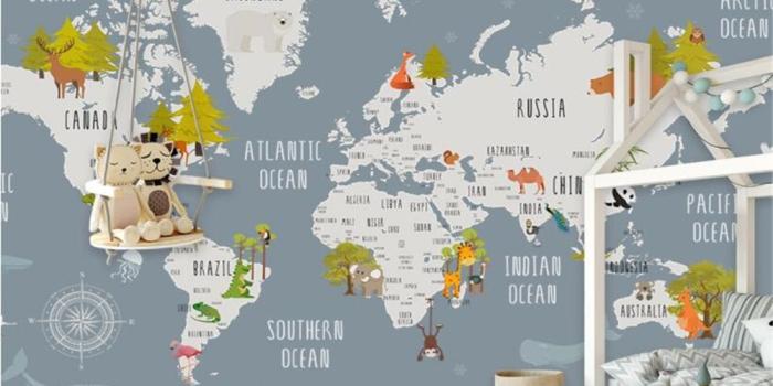 1000x800 US $9.0 40% OFF|Beibehang Children's room interior wallpaper hand drawn  retro cartoon world map Dolphin swan background wall 3d wallpaper murals-in 