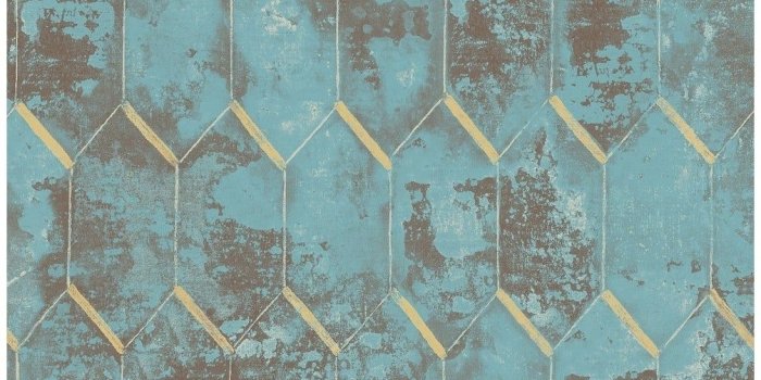 1006x1006 Whitney Geometric Wallpaper, In Azure Blue, Metallic Gold, & Brown