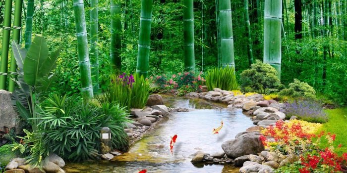 1024x1920 Customized Retail Bamboo Forest Squid Family Background Wall Beautiful  Bamboo Forest Water Beach Fish Surging Murals
