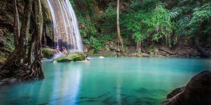 1920x1080 Summer Water Play by People in Erawan National Park Thailand