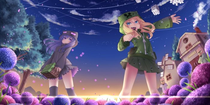 1500x989 Girls blue eyes clouds creeper enderman flowers ghast long hair