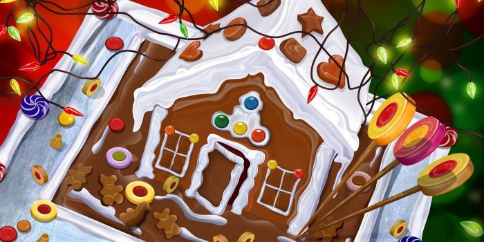 1920x1200 Gingerbread house and candies under the Christmas lights wallpaper