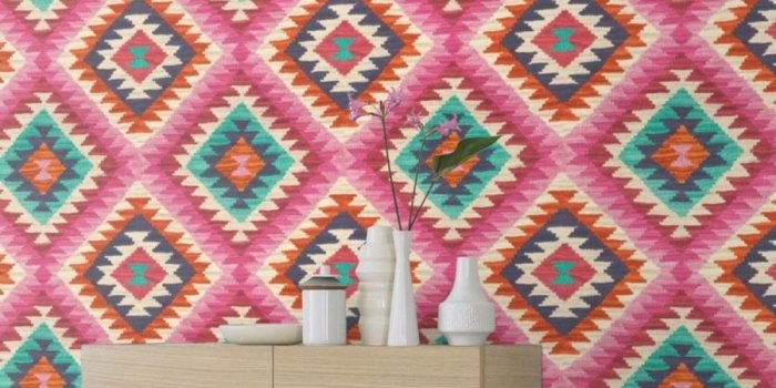 1000x1000 Barbara Home Kilim Style Aztec Wallpaper - Pink and Multi - Rasch 527445