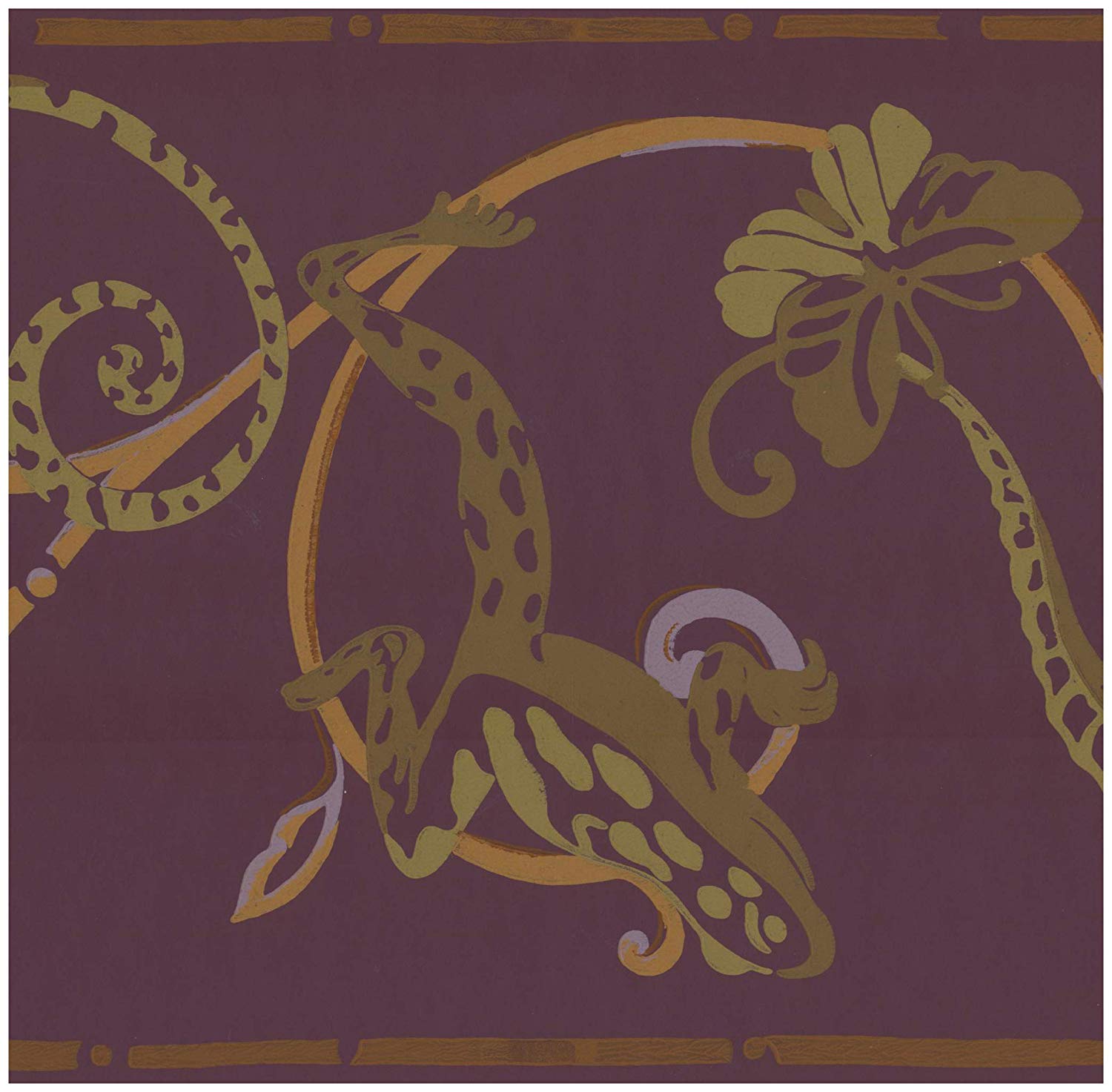 1500x1473 Wall Border - Green Lizard Butterfly on Yellow Damask Vine Mauve