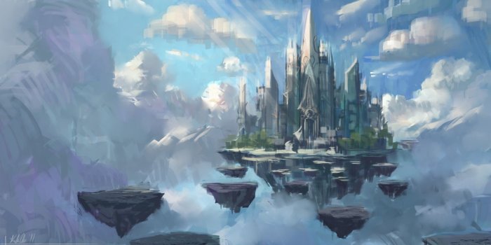 3000x1474 Floating city digital wallpaper, fantasy art, fantasy city HD
