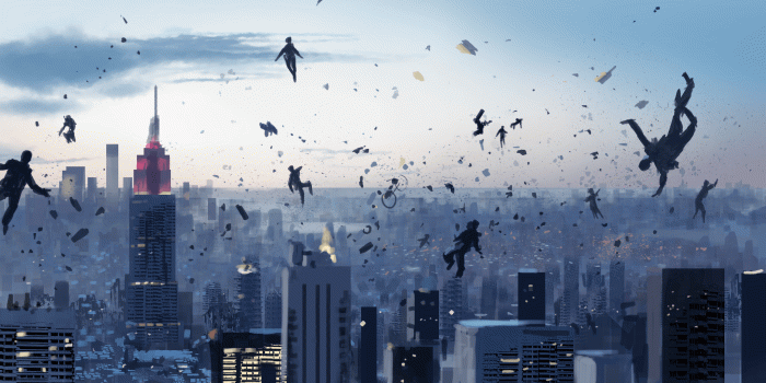 2837x1456 Wallpaper : floating, city, debris, bikes, skyscraper, clouds