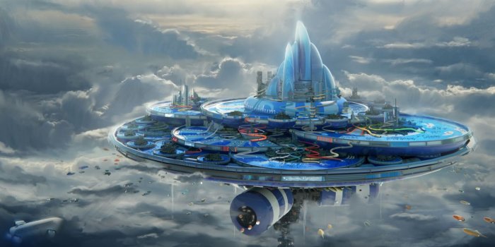 1336x700 Aircraft City Cloud Floating Island Futuristic wallpaper | 4000x2095