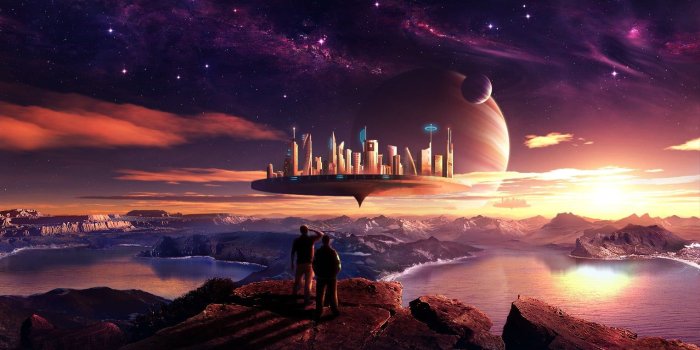 1524x851 Floating city illustration, planet, science fiction, space art