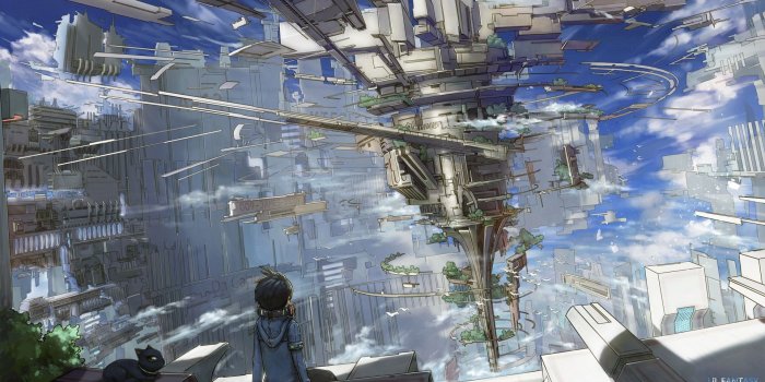 1920x1080 Download 1920x1080 Anime Boy, Fantasy World, Sitting, Floating