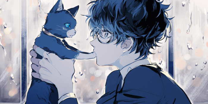1366x768 Download 1366x768 Persona 5, Kurusu Akira, Anime Boy, Cat, Glasses